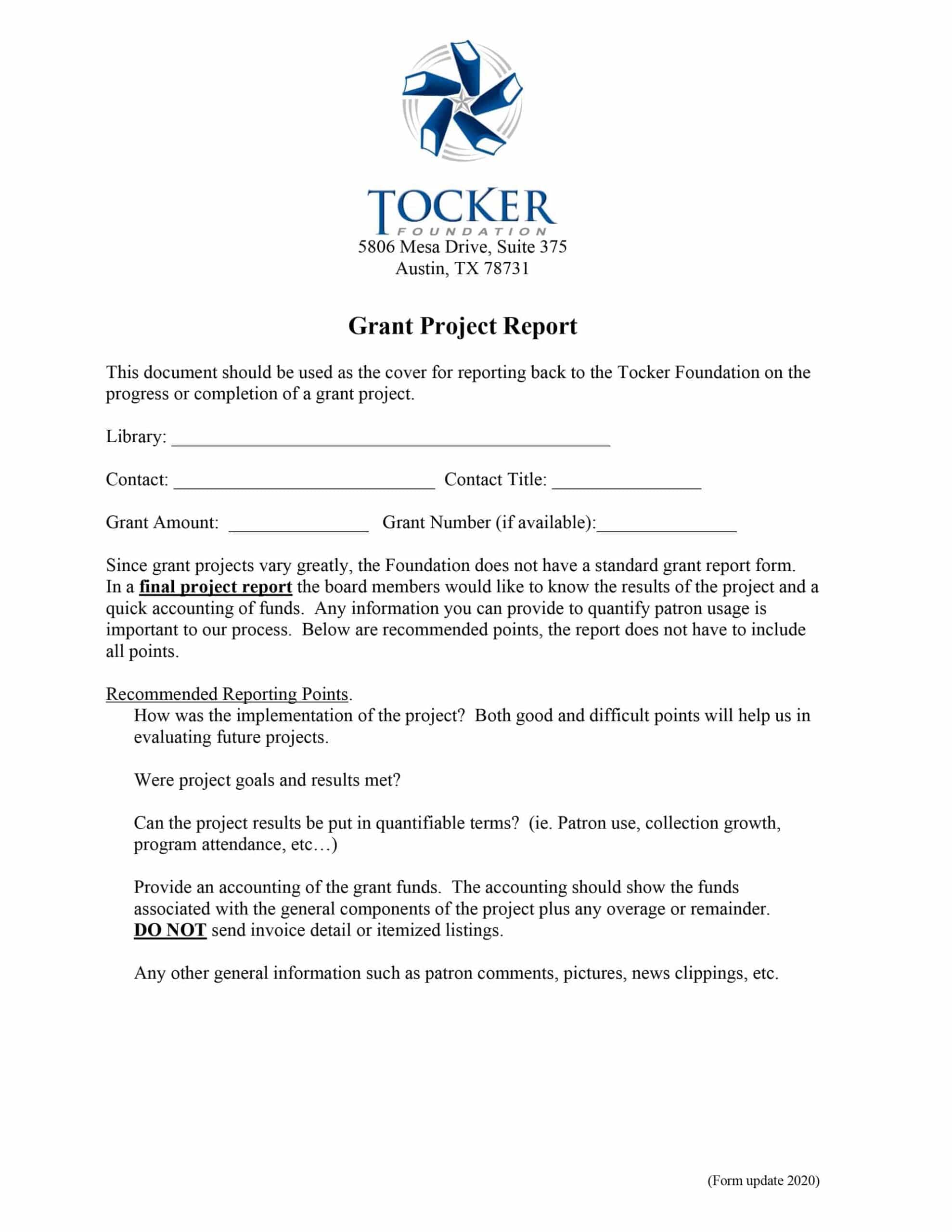 Tocker recommends the transformation report include these points: How was the implementation of the project? Both good and difficult points will help us in evaluating future projects. Were project goals and results met? Can the project results be put in quantifiable terms? (i.e. Patron use, collection growth, program attendance, etc). Provide an accounting of the grant funds. The accounting should show the funds associated with the general components of the project plus any overage or remainder. Do not send invoice detail or itemized listings. Any other general information such as patron comments, pictures, news clippings, etc. Thank you.